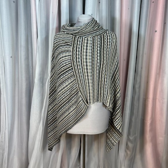 Lightweight Black, Brown & White Striped Pullover Knit Poncho - Picture 4 of 7